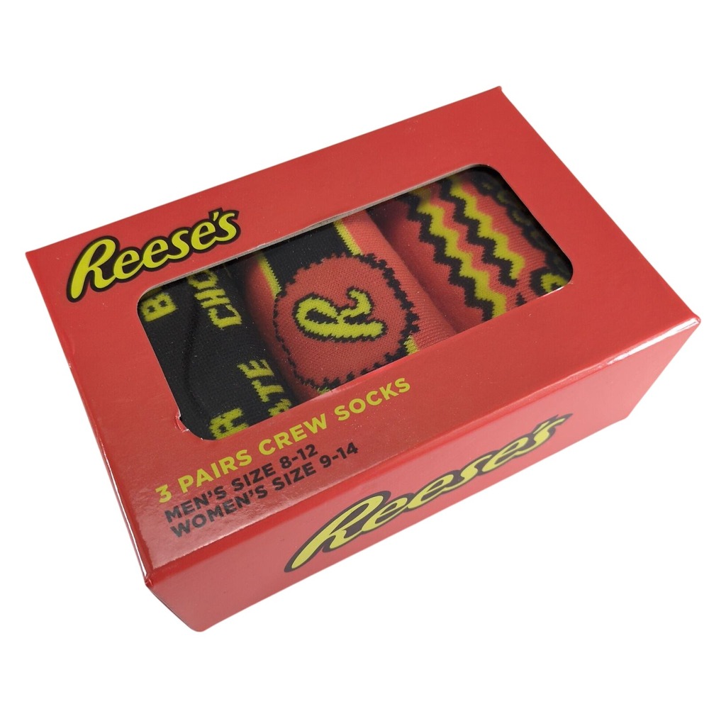 NWT Reese's Peanut Butter Cups 3 Pair Crew Socks Gift Box Mens 8-12 Womens 9-14